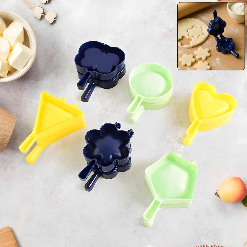 Snack cutter set with flower, heart, and star molds in yellow, blue, and green