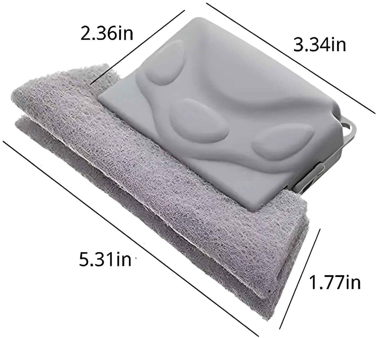 Window groove cleaning brush with gray silicone scrub pad and microfiber cloth