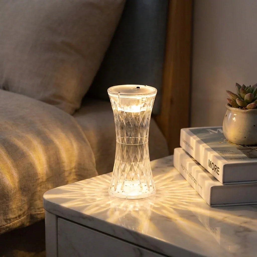 Crystal table lamp with faceted glass shade, warm soft light
