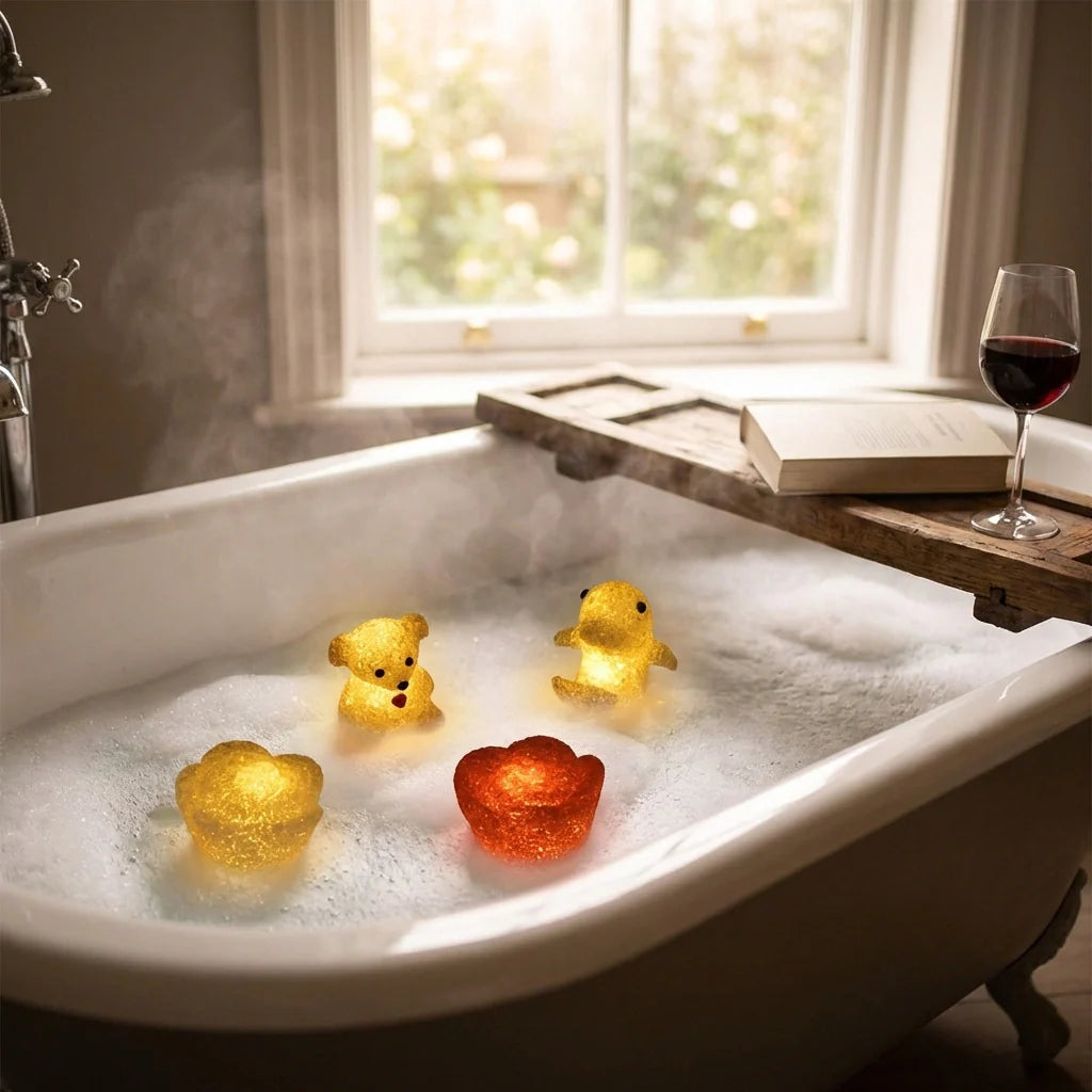Crystal LED night lamp set with glowing heart and teddy shapes floating in a bath