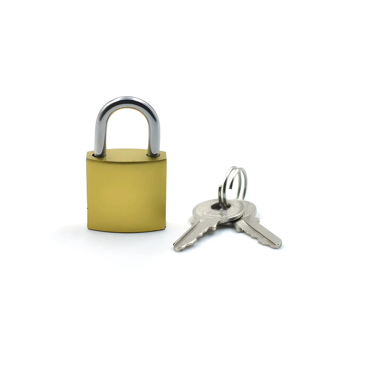 Yellow brass cut-resistant padlock with chrome shackle and two metal keys