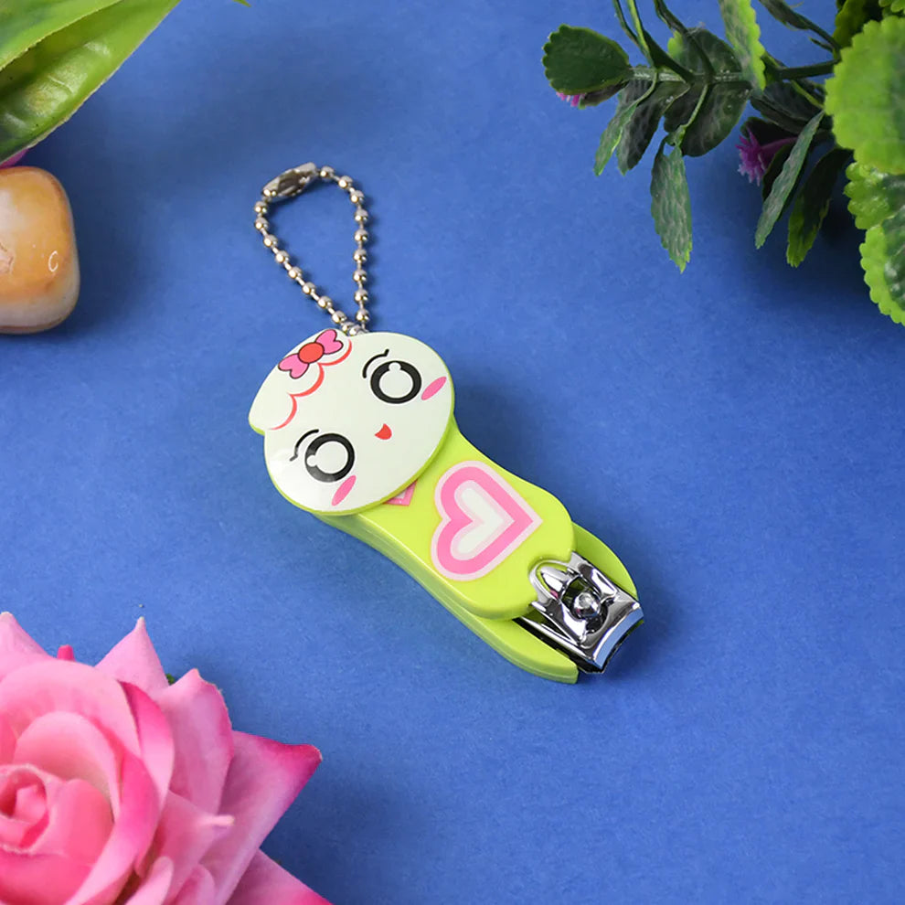 Cute cartoon nail clipper with green handle and chain keyring
