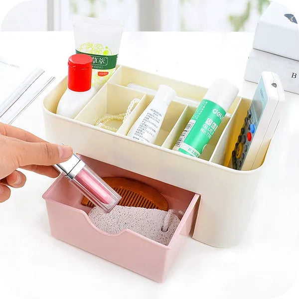 Makeup storage box with removable dividers and open lid, multiple compartments