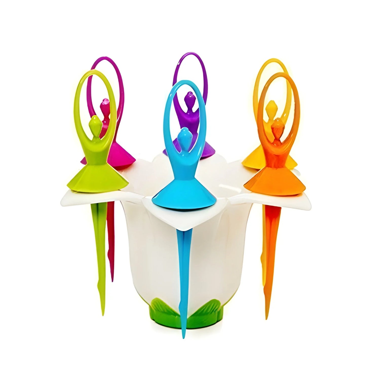 Set of three colorful dancing doll fruit forks: green, blue, and orange handles with loops
