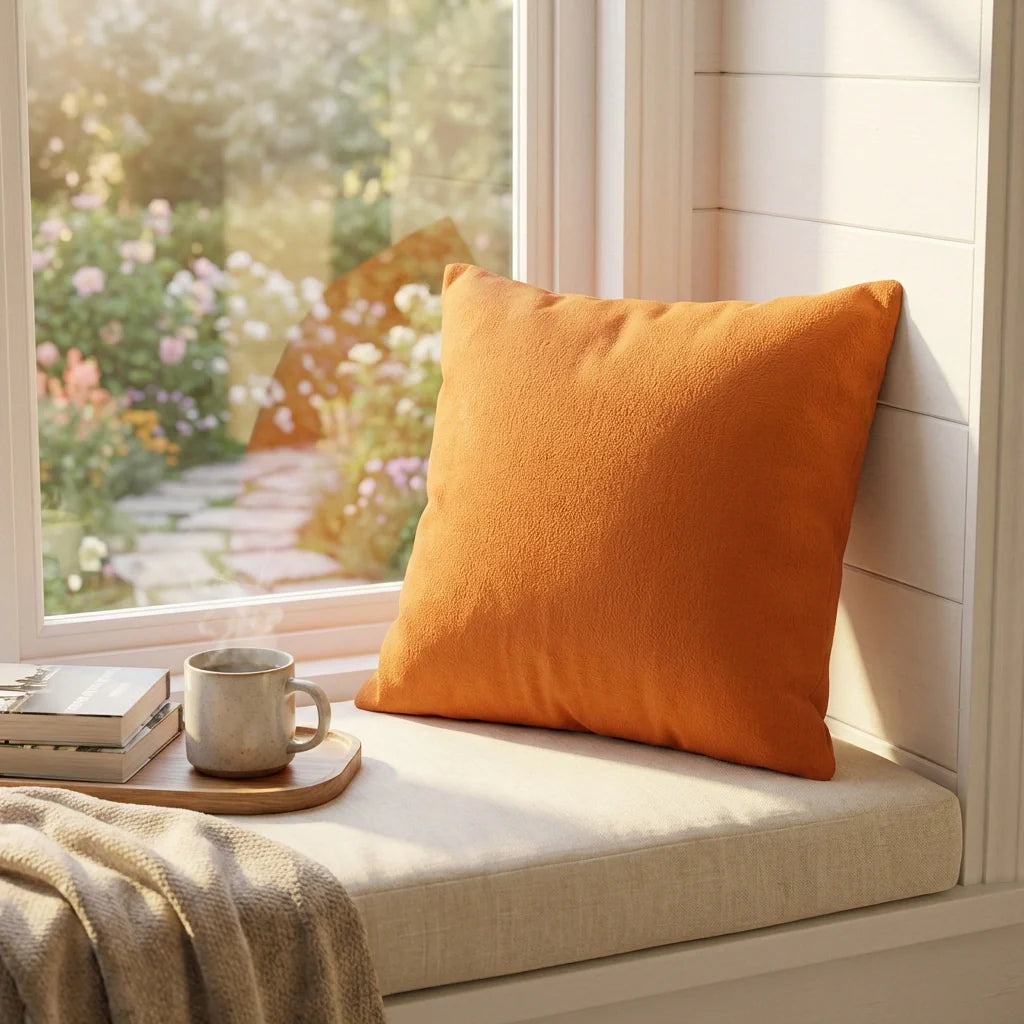 Orange square decorative pillow cover with smooth textured fabric.