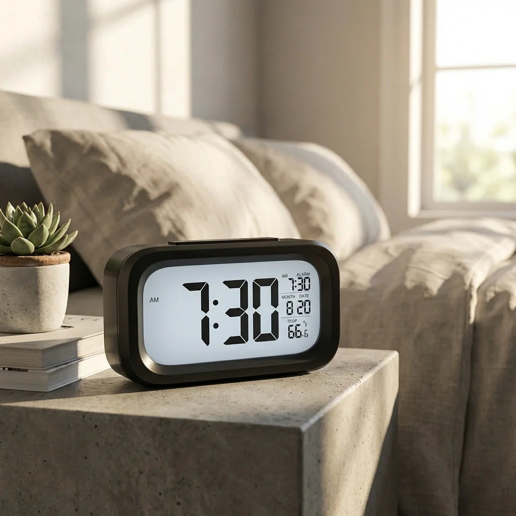 Digital alarm clock with black case and white LCD showing 7:30 and date 8/20