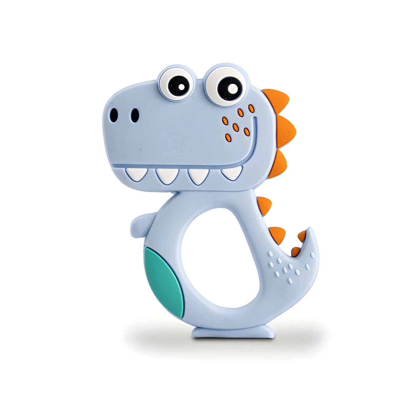 Dinosaur baby teether toy, light blue dinosaur with textured teeth and ring handle