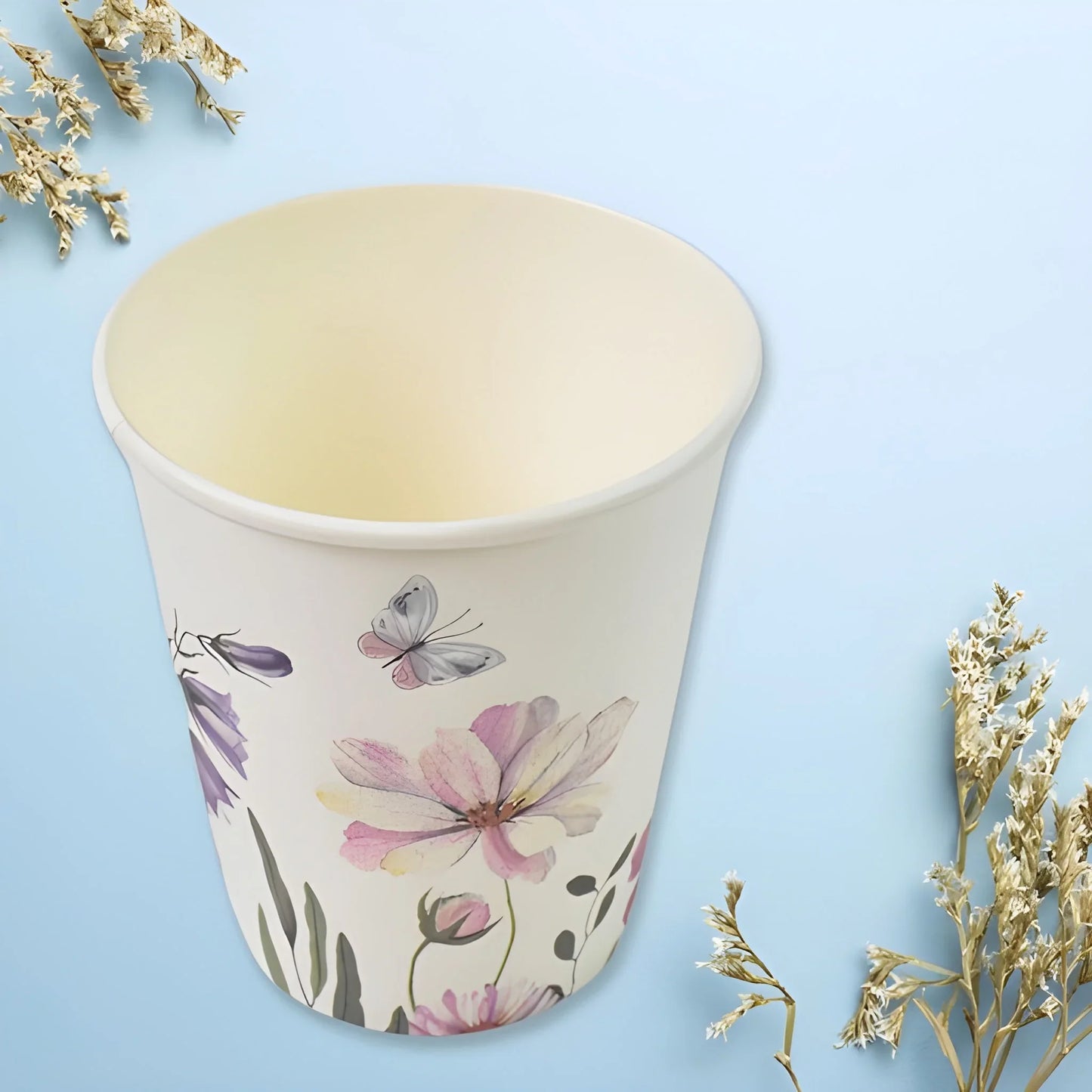 Disposable paper tea coffee cup, white with pink floral and butterfly print