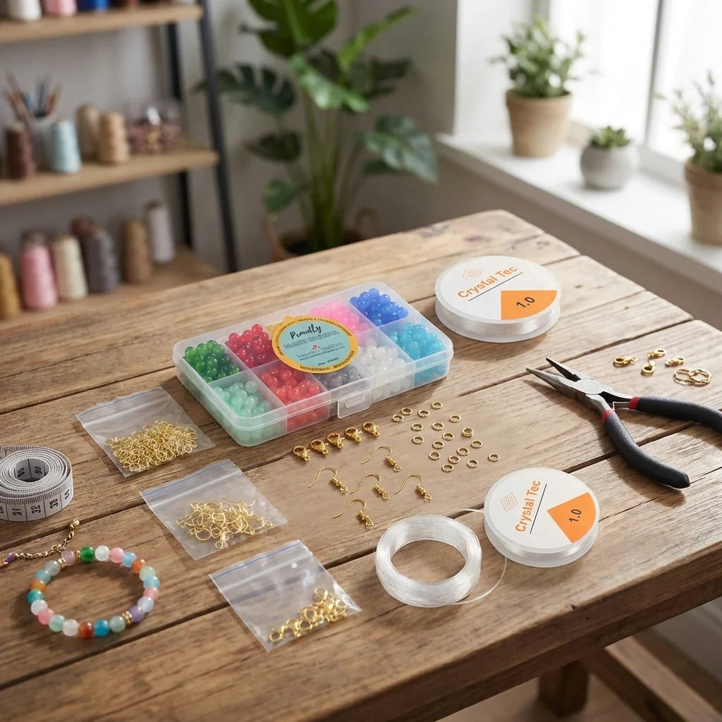 DIY jewelry making kit with bead and charm assortments, elastic cord and pliers.