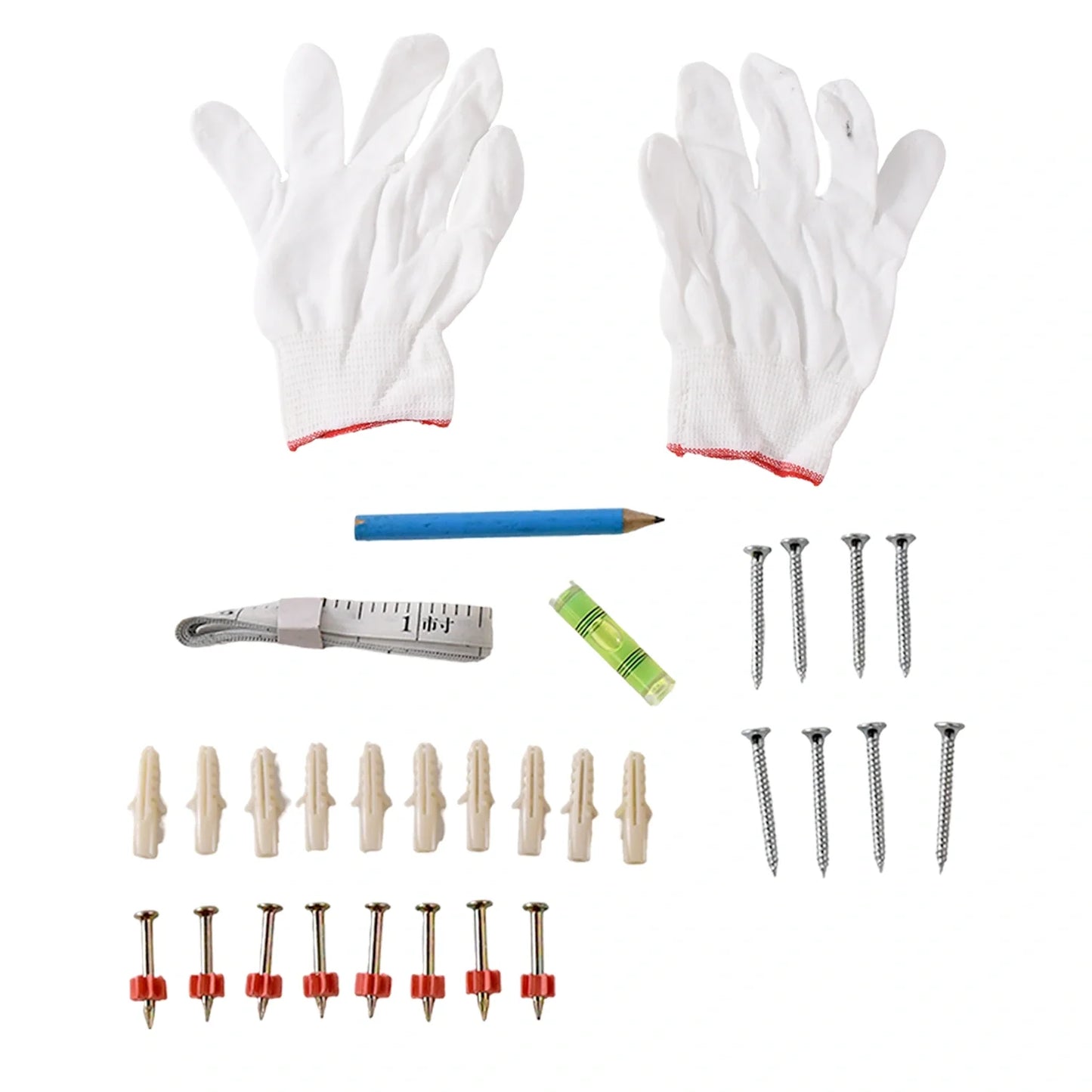 DIY wall mounting kit with gloves, pencil, screws, anchors, and bolts