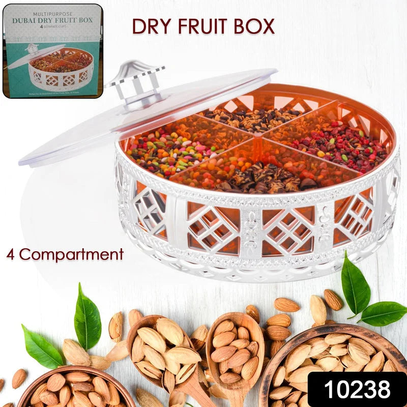 Round 4-compartment dry fruit box with clear body and orange base, lattice sides
