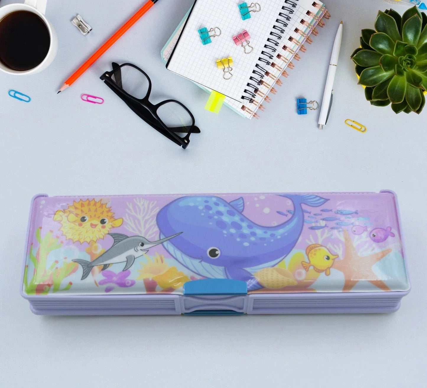 Kids compass box pencil case with nautical animal print, snap closure