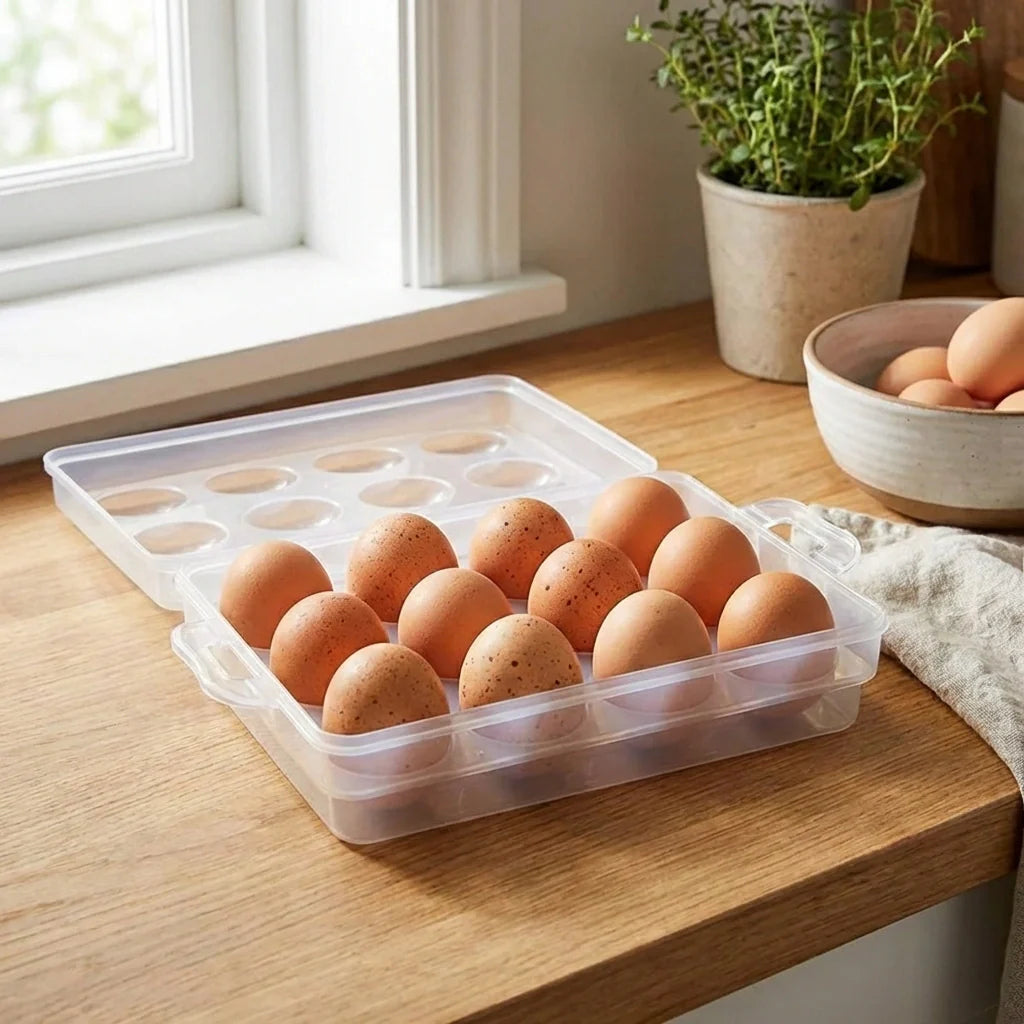 Double-layer egg box in clear plastic with molded compartments holding eggs