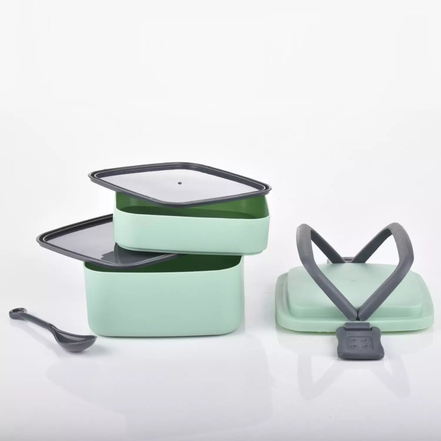 Double-layer lunch box set in mint green with spoon and two stacked containers