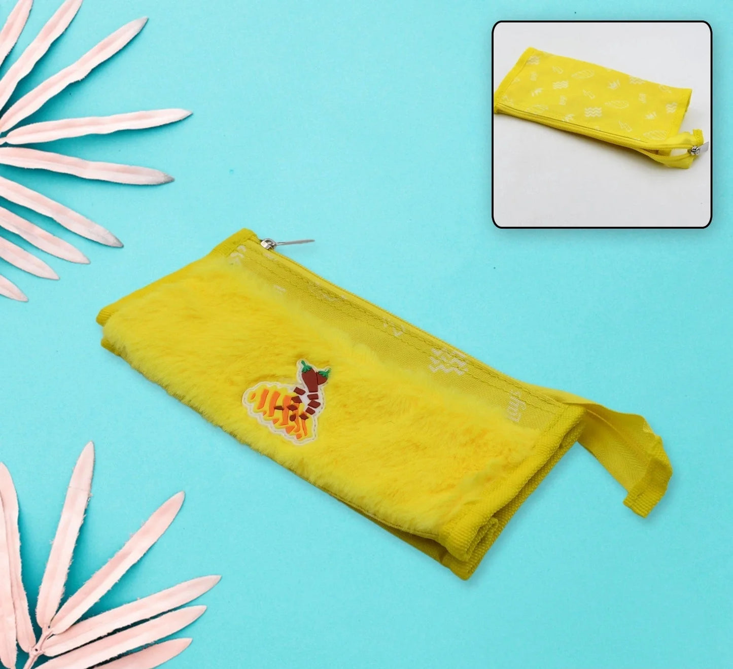 Yellow double-pocket zipper pouch with two compartments, embroidered animal patch