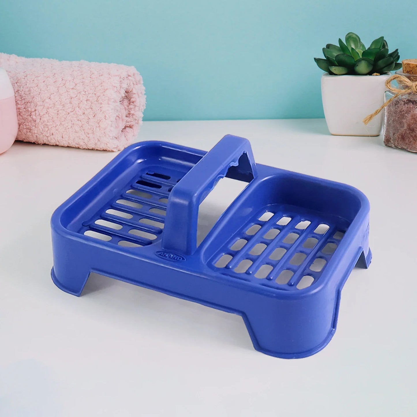 Double soap dish, blue plastic with two raised draining trays