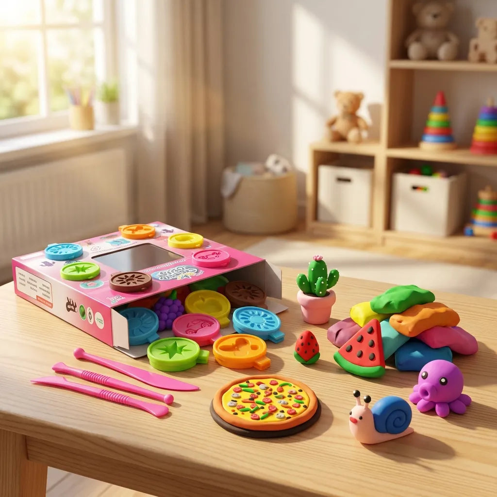 Play dough set items on table: cactus, snail, cookie rounds, colored clay, tools.