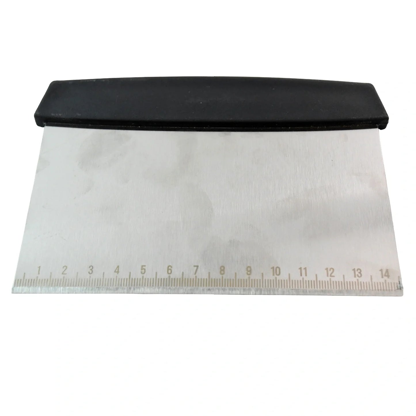Steel dough scraper and cutter with black handle, includes measurement edge