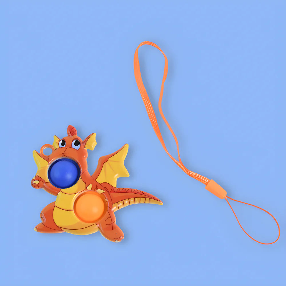 Orange dragon push pop toy with blue belly and orange carrying string