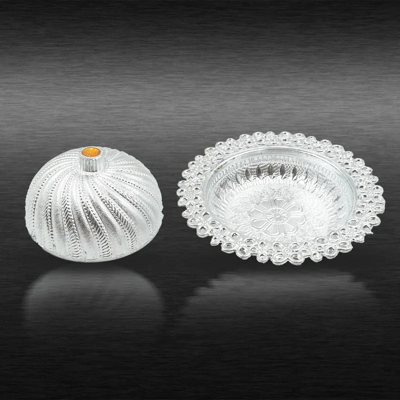 White embossed dry fruit storage box with lid and orange finial knob