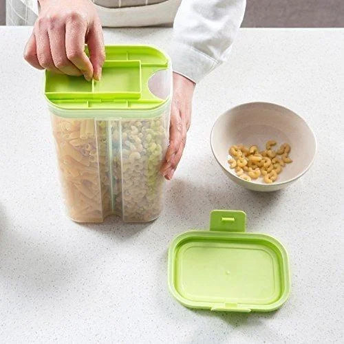Dual-section storage container with green lid and two compartments, clear plastic body