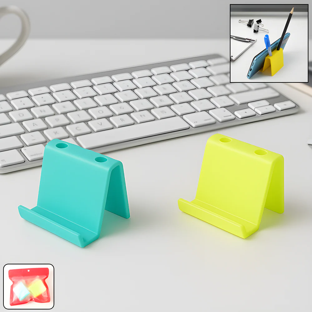 Dual-use desk organizer stand, teal and yellow with open slots for items