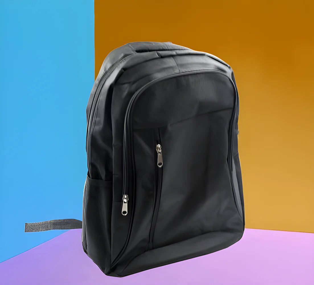 Durable laptop backpack, dark gray/black, front zip pockets and top handle