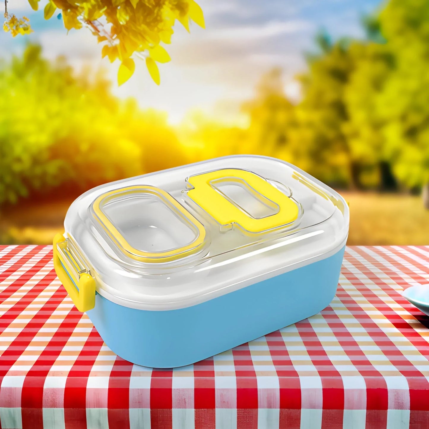 Blue plastic kids lunch box with clear divided lid and carrying latch
