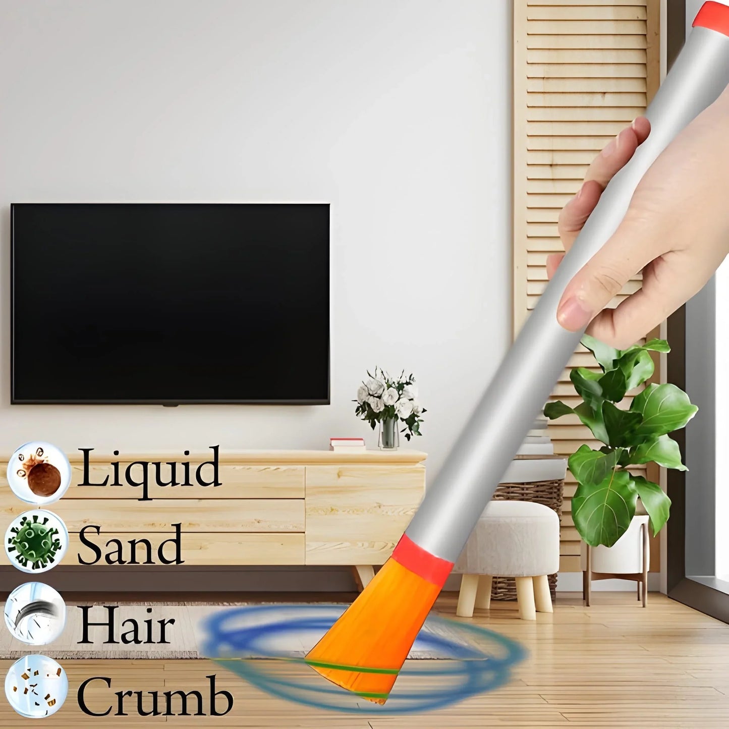 Dust cleaning brush with gray handle and orange bristles