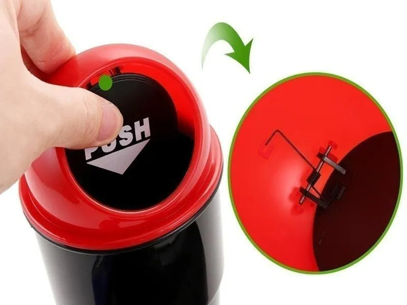Car trash bin with red lid open and black inner compartment