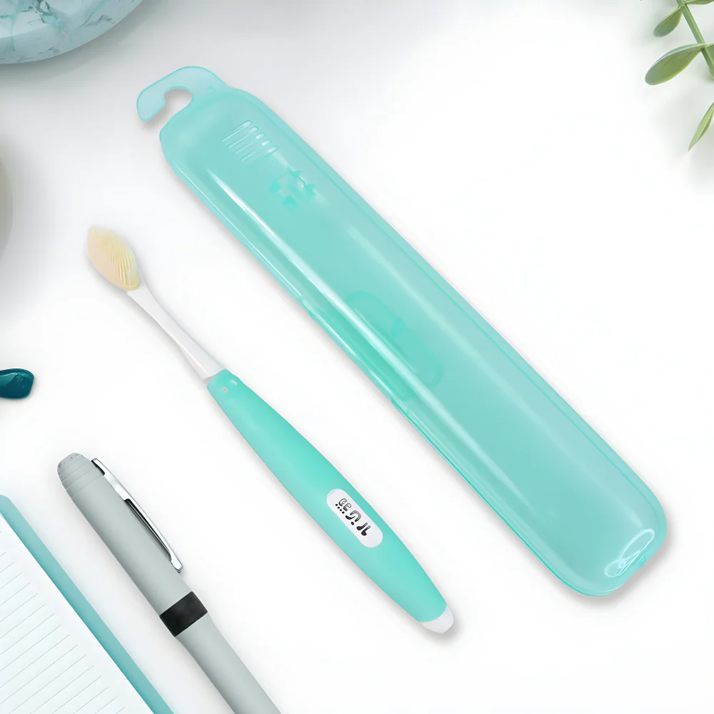 Interdental cleaning brush set with teal handles and storage case