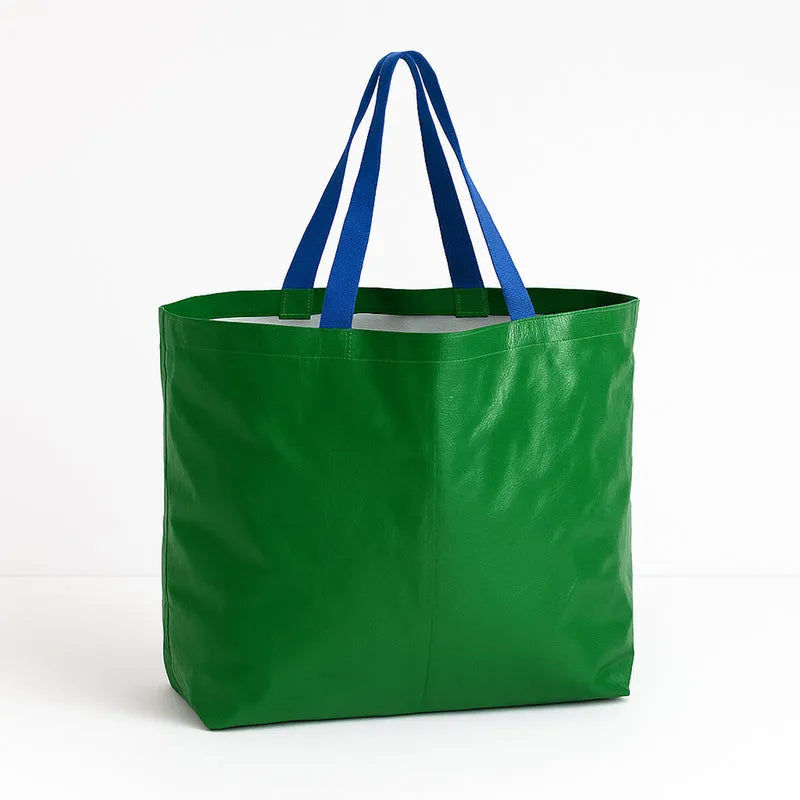 Green tote bag with blue handles, 62x44cm