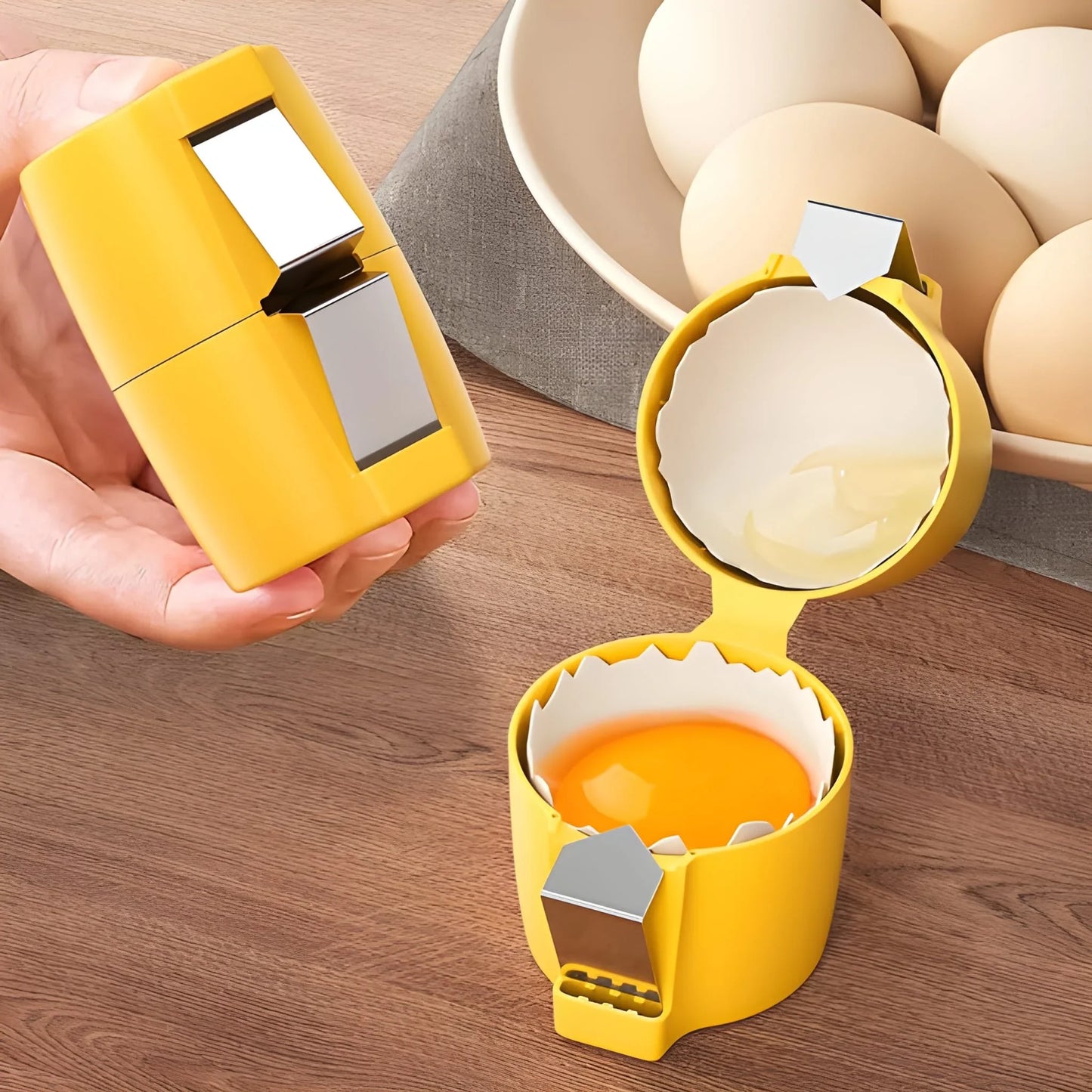 Yellow plastic egg cracker tool with metal cracking insert and hinged handle