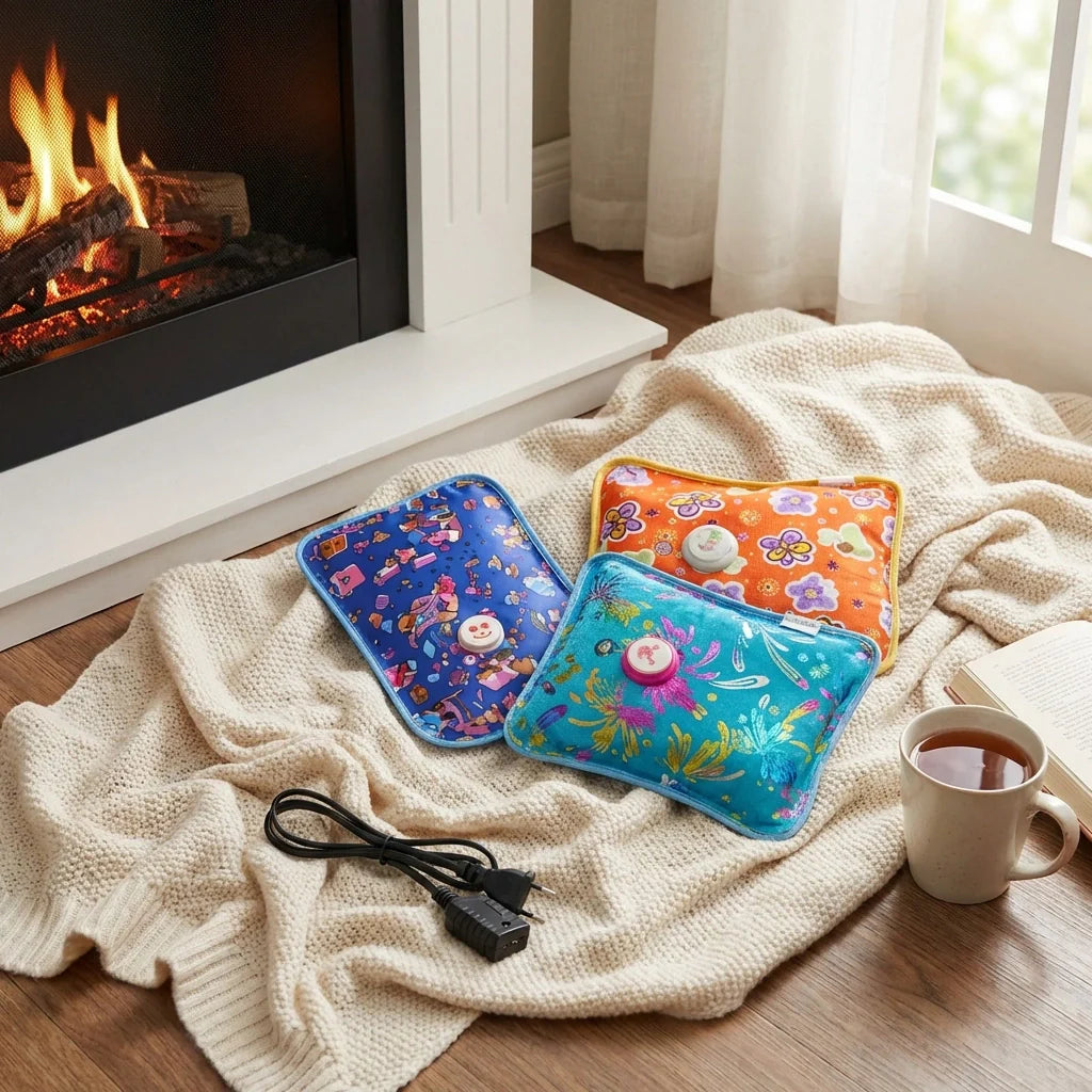 Electric rechargeable hot water bag set of three colorful fabric pouches with charging cable