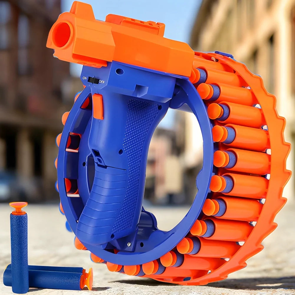 Electric soft bullet toy gun with orange rotating drum and blue handle, front view