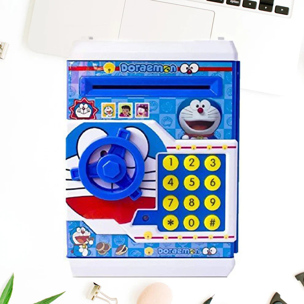 Doraemon themed electronic ATM piggy bank with keypad and coin slot