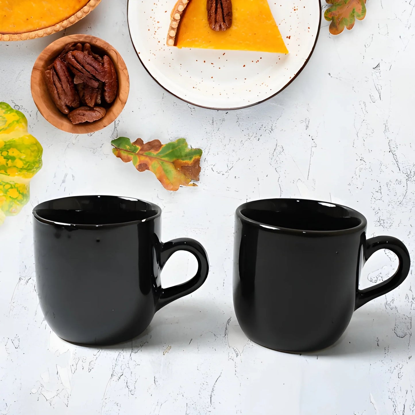 Ceramic mug set: two black ceramic mugs with side handles