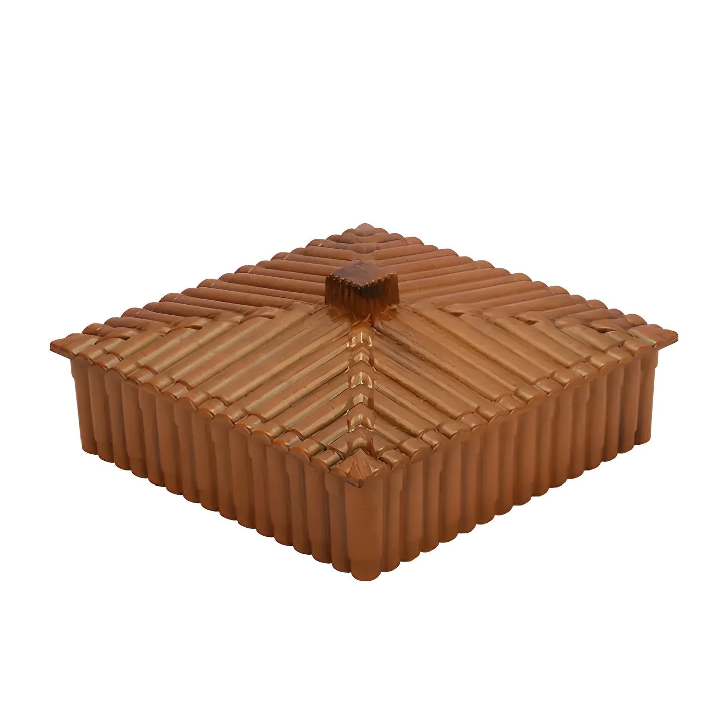 Brown ribbed bamboo dry fruit organizer with hinged lid and central clasp