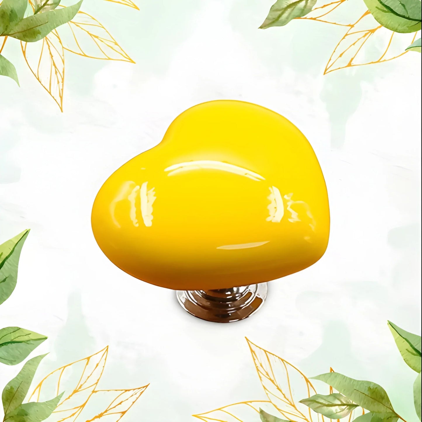 Glossy yellow heart-shaped cabinet knob with round metal base