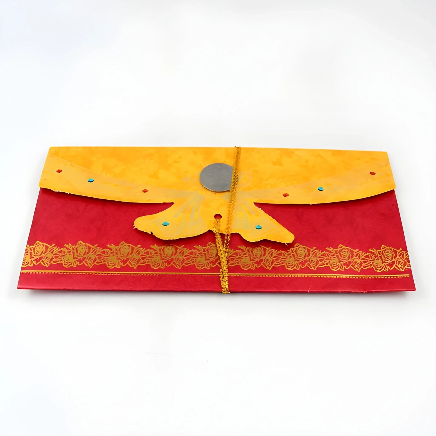 Shagun gift envelope, red with gold lace border and yellow tied flap