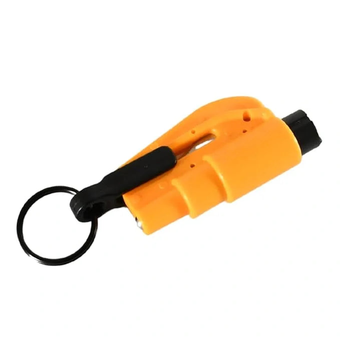 Emergency glass breaker and cutter with orange body, black grip, and lanyard loop