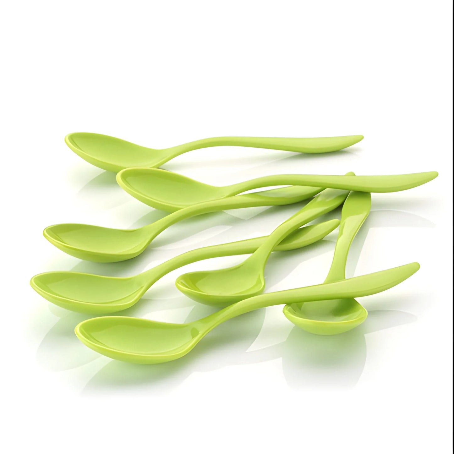 Ergonomic fancy dining spoons, lime green plastic, curved wide bowls