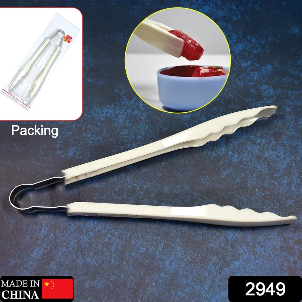 Ergonomic kitchen tongs with light beige handles and black gripping tips