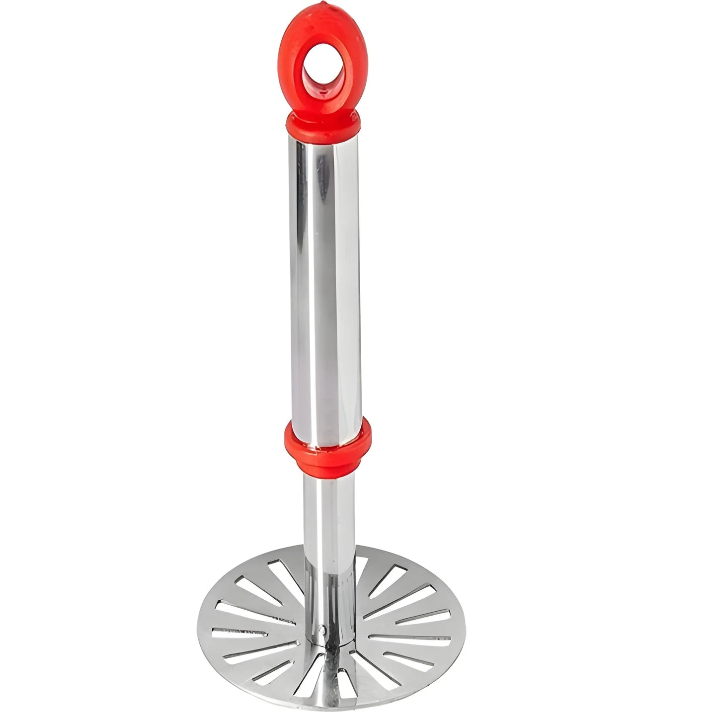 Ergonomic potato masher with red loop handle and stainless disk base.