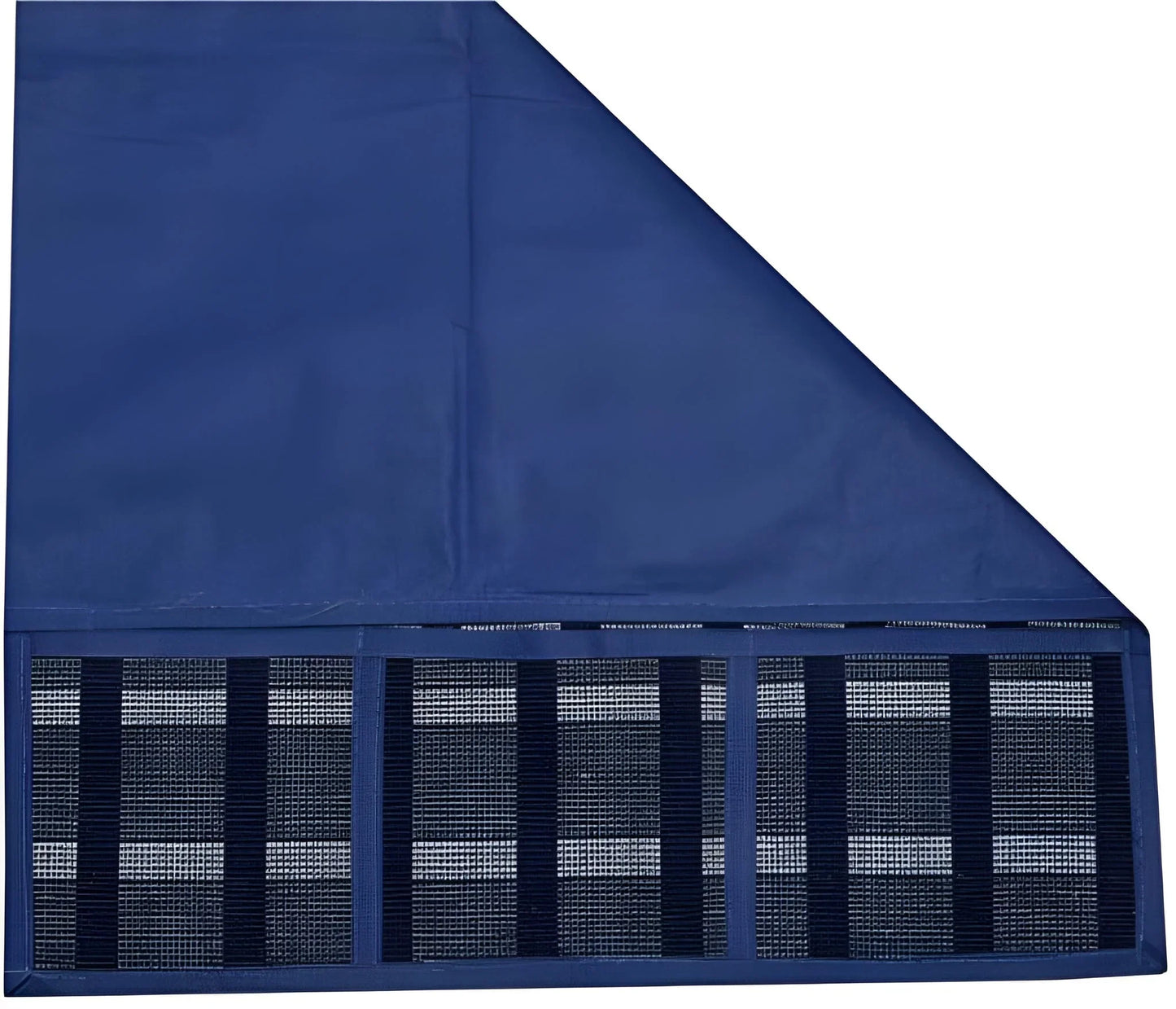 Blue decorative fridge top cover with mesh front panel and stitched edge