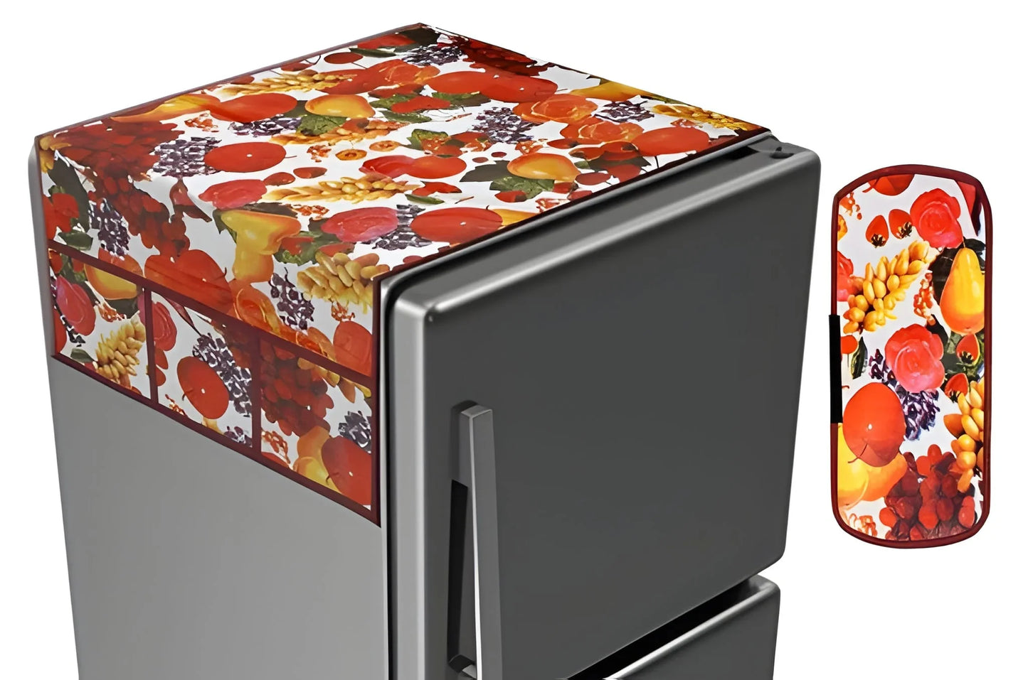 Decorative fridge top cover with colorful fruit collage over a gray refrigerator