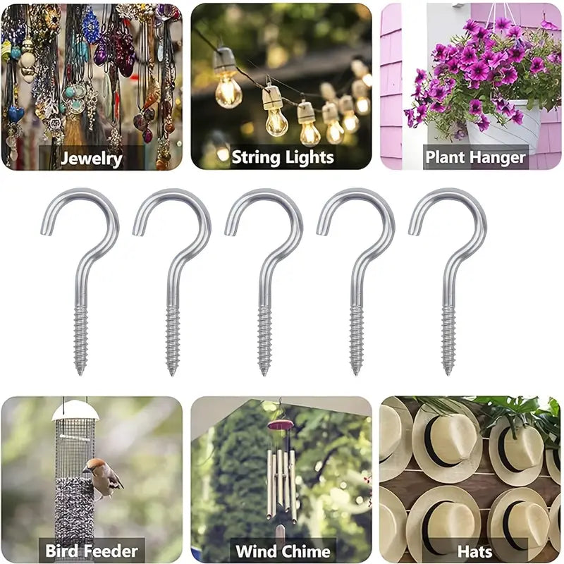 Steel eye hook screws, set of five metal hooks with threading
