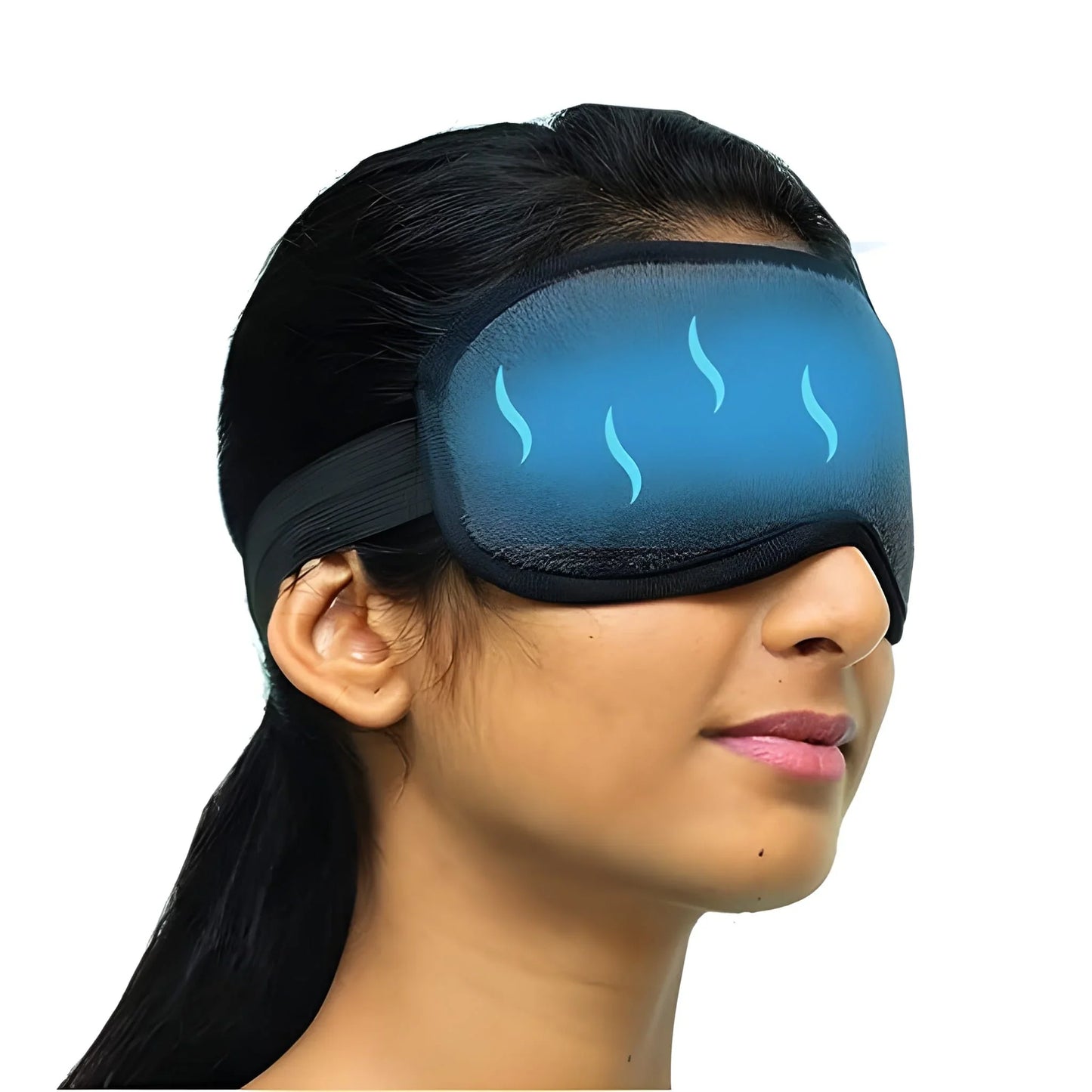 Sleep eye mask with ice pack, dark fabric cover and blue gel pad with cooling icons