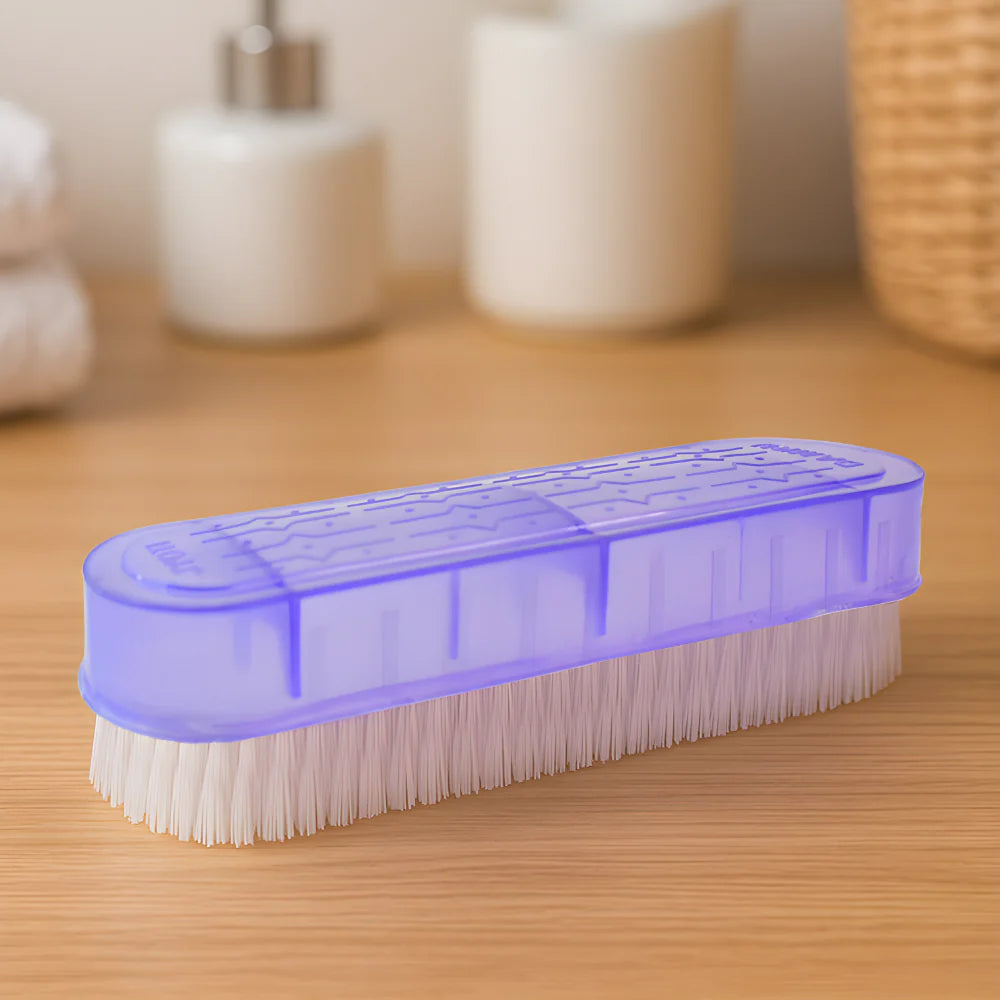 Laundry fabric scrubbing brush with purple handle and white bristles