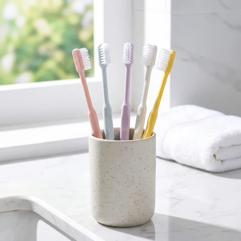 Soft family toothbrush set: 5 toothbrushes with pastel handles in a speckled holder